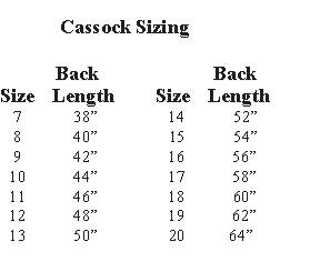 Cassock sizing chart