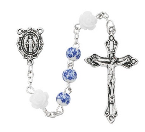 6MM BLUE CERAMIC BEAD ROSARY W MIRACULOUS MEDAL CENTER, BOXED [ clone ]