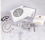 5mm x 6mm Crystal Glass Bead Saint Benedict Tri Color Rosary, Boxed